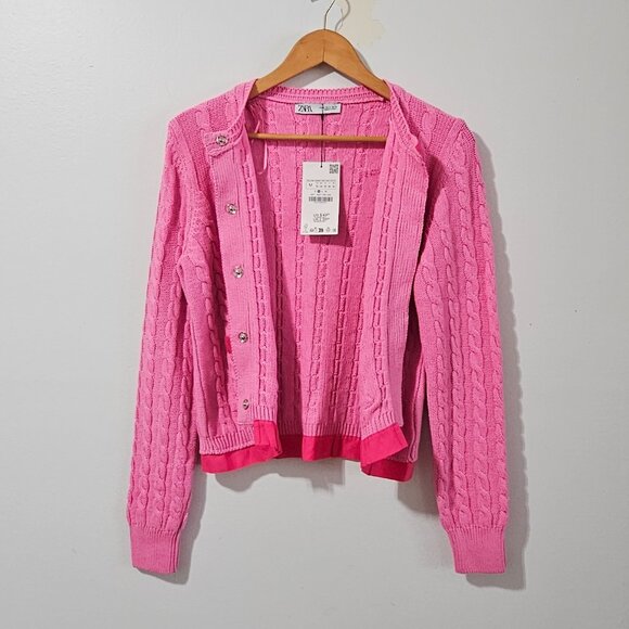 Zara Cable Knit Cardigan -Bubblegum pink/Hot pink - Women's Size M -6427/038/630 - Picture 4 of 9